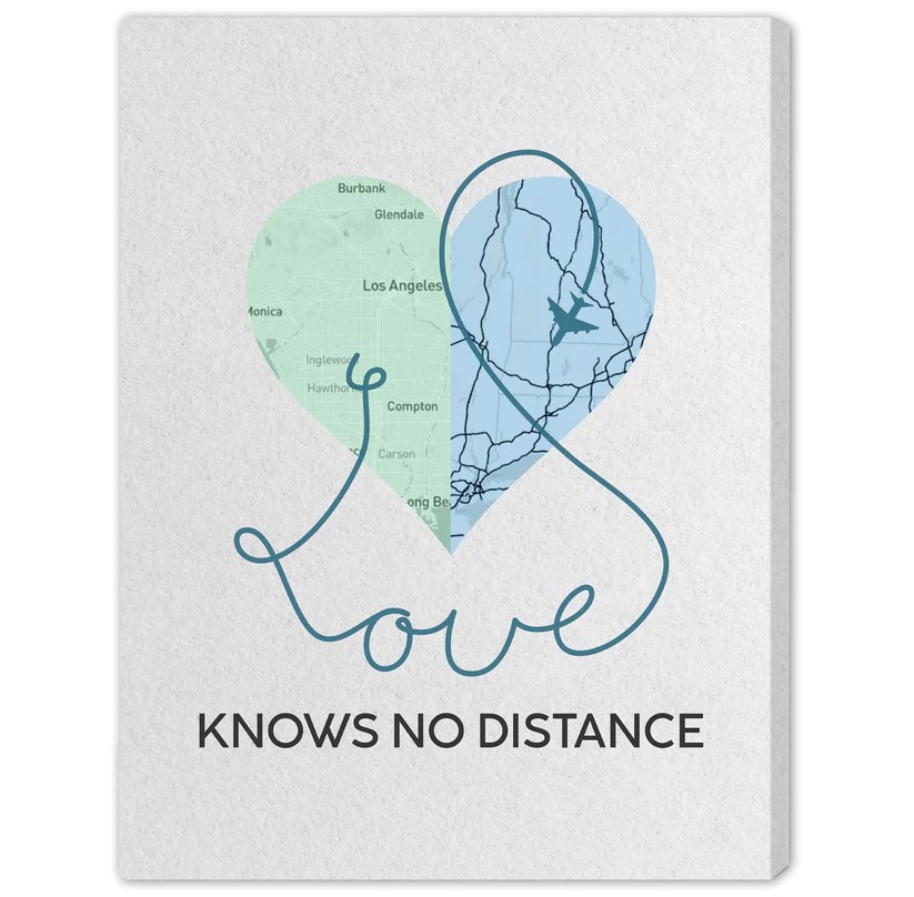 Gifts for long-distance couples, Love Knows No Distance - Personalized Anniversary, Valentine's Day gift for Long Distance Couple - Custom Canvas - MyMindfulGifts