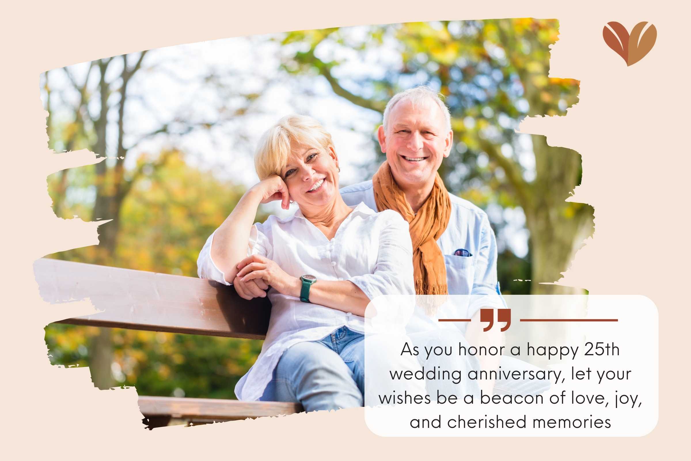 A loving couple embraces, accompanied by happy 25th wedding anniversary wishes.