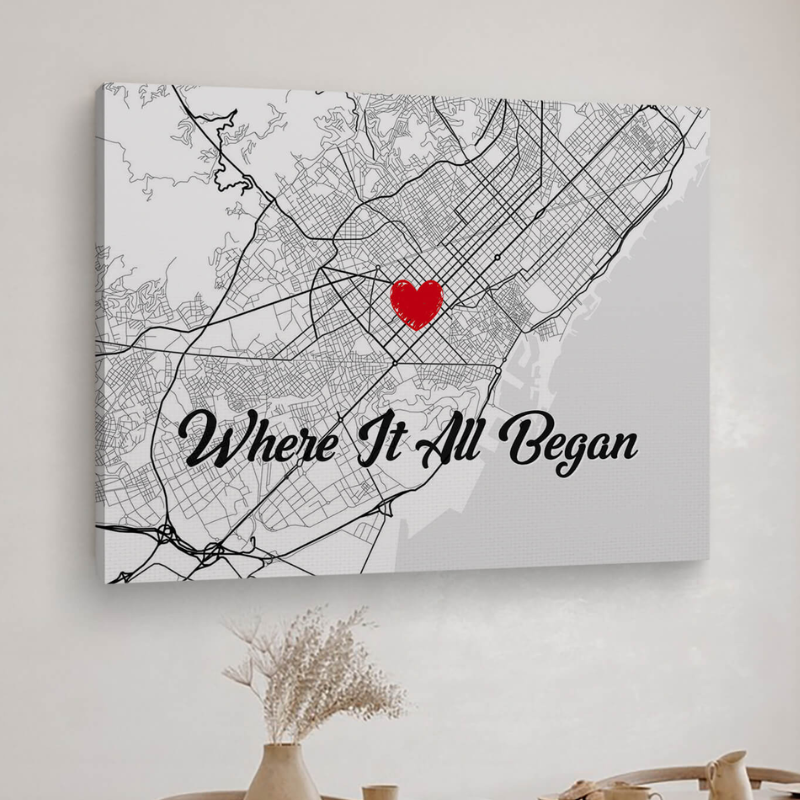 Where It All Began Wall Art Retro Personalized Wedding Anniversary Valentines Day gift for Husband for Wife Custom Map Canvas