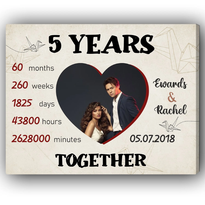 5 Years Together Personalized 5 Year Anniversary gift for him for her Custom Canvas