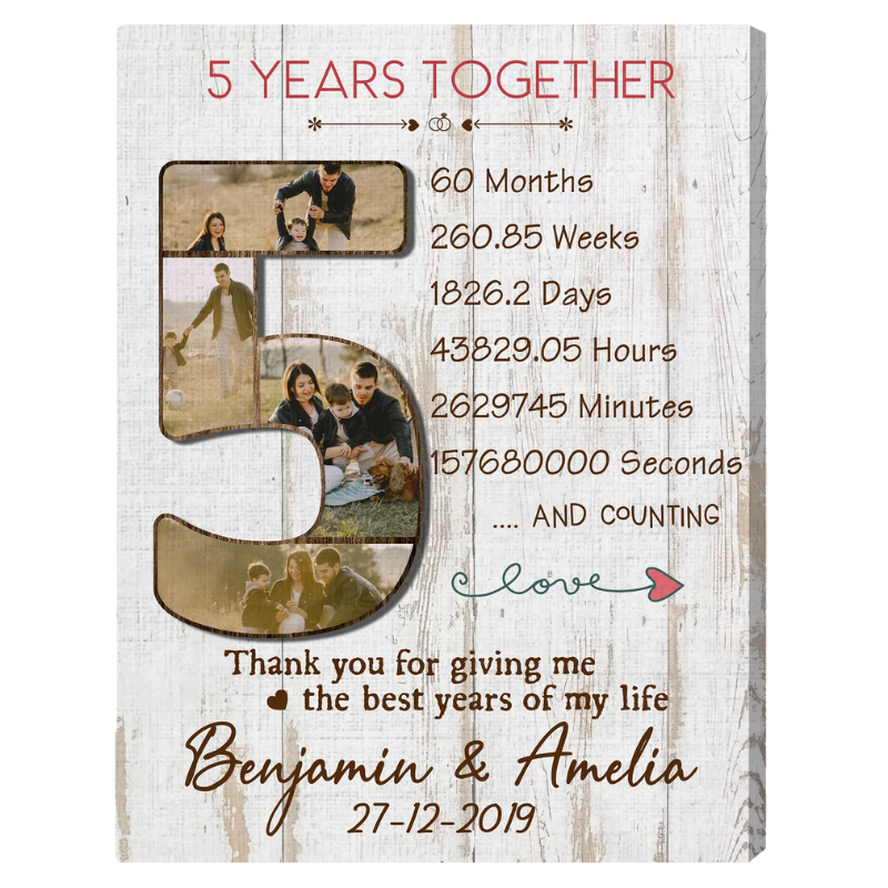 5 Years Together Photo Collage Personalized Wedding Anniversary Gift For Him For Her Custom Couple Photo Canvas Print
