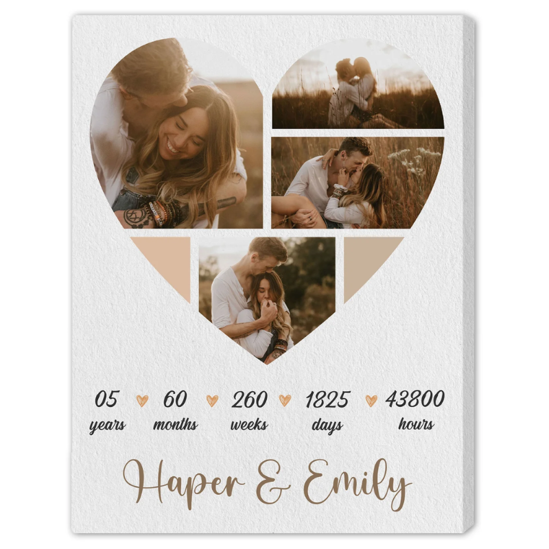 5th Year Anniversary Heart Shaped Photo Collage Personalized 5 Year Wedding Anniversary gift for Husband for Wife Custom Canvas