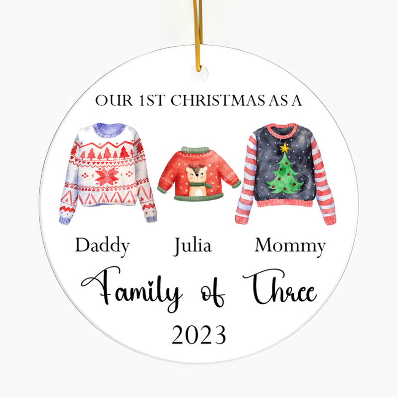 Custom Circle Ceramic Ornament “Our First Christmas As A Family Of Three”