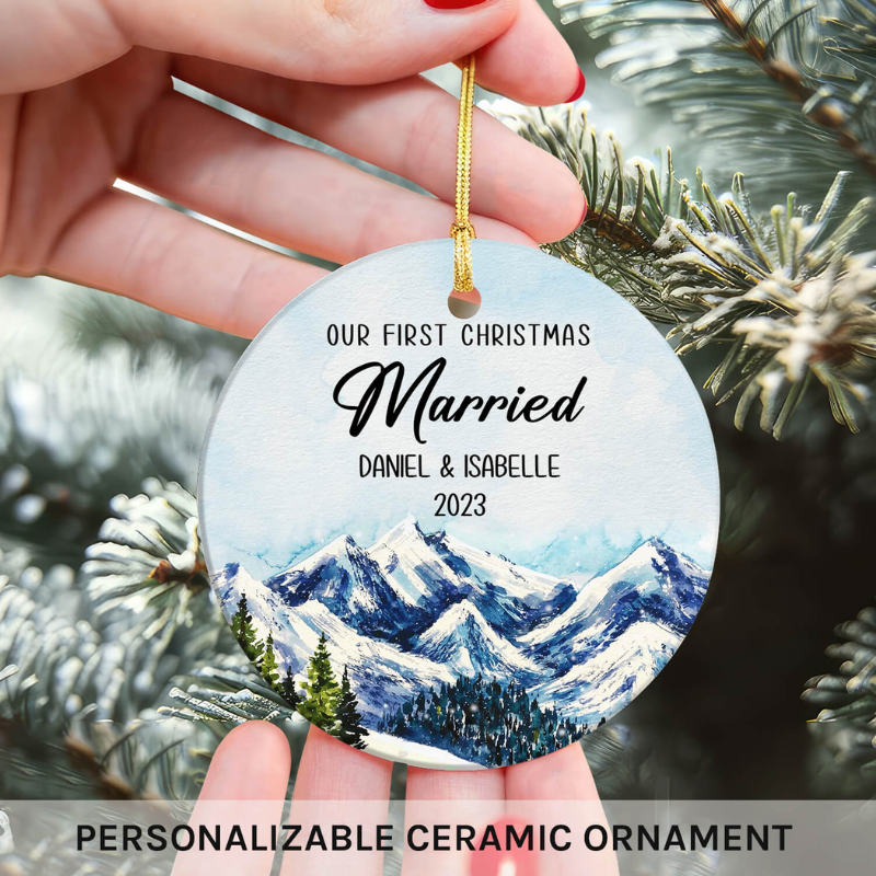 Custom Circle Ceramic Ornament “Our First Christmas Married”