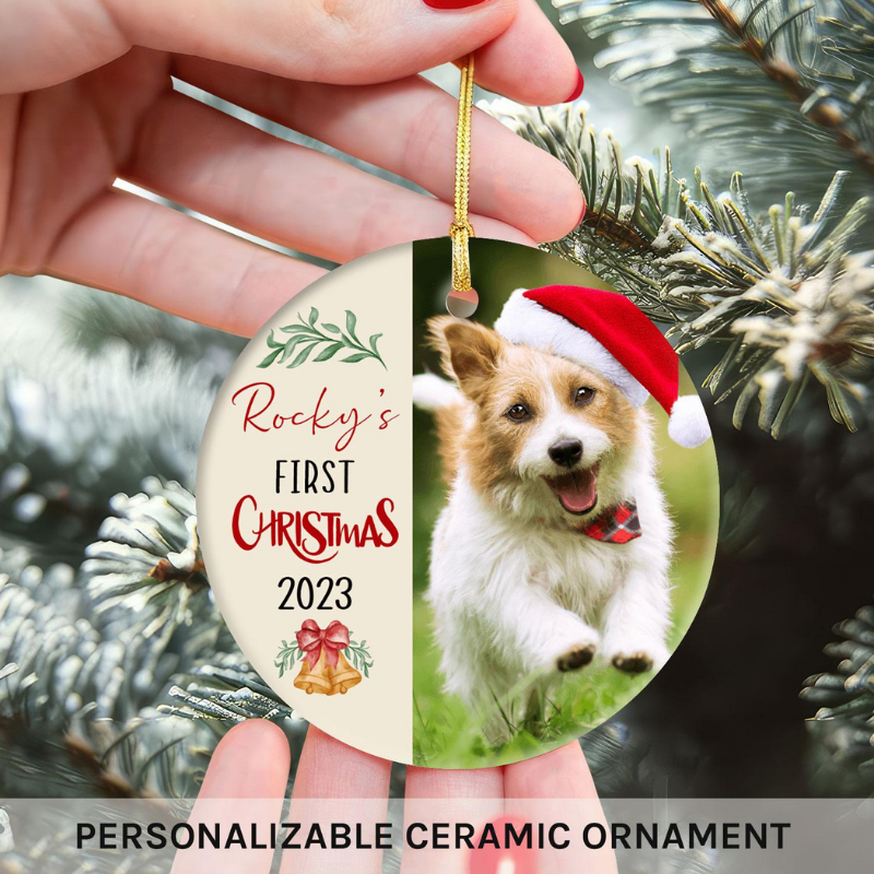 Custom Circle Ceramic Ornament “Dog's First Christmas”