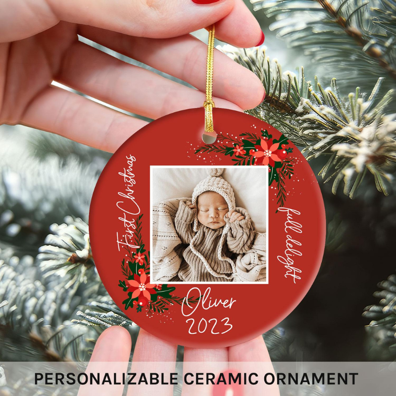 Custom Circle Ceramic Ornament First Christmas Cranberry & Foliage”