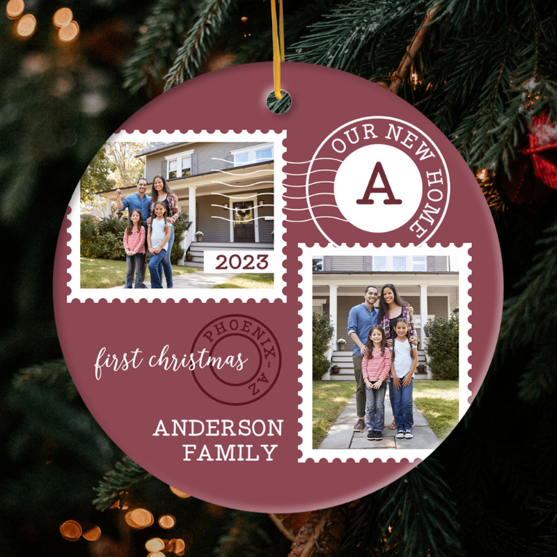 Custom Circle Ceramic Ornament “First Christmas in Our New Home”
