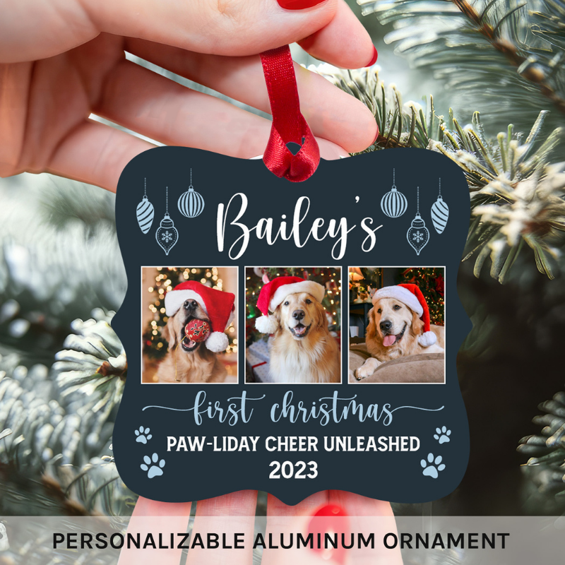 Custom Square Aluminum Ornament “Multi photos First Christmas Dog”