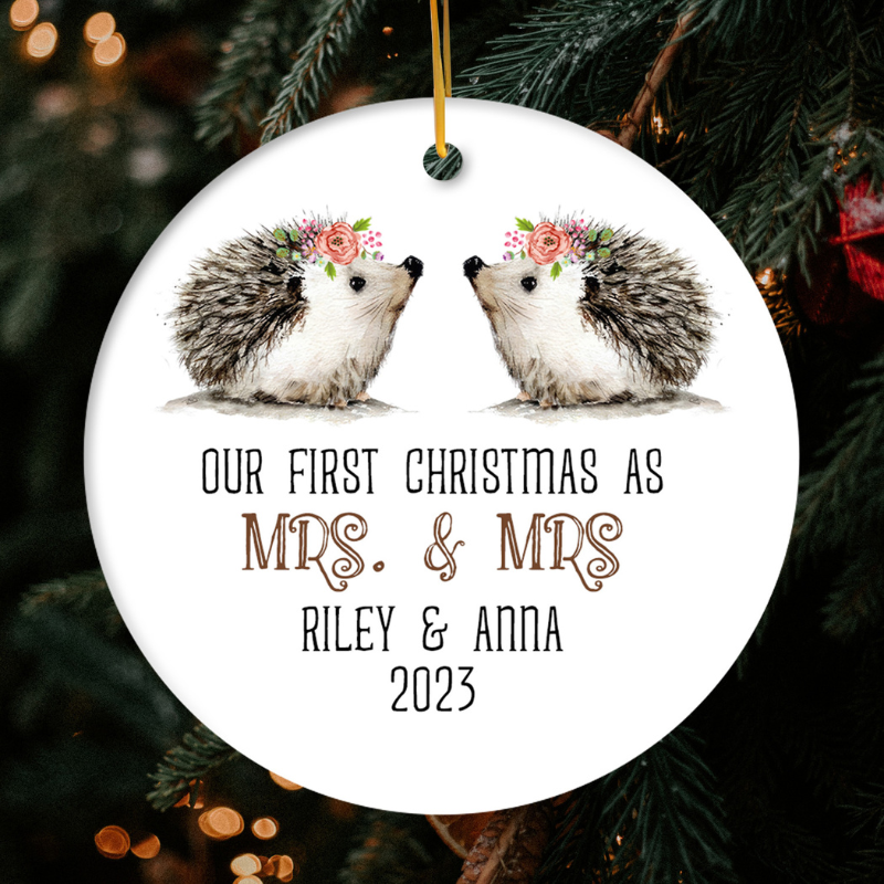 Custom Circle Ceramic Ornament “Our First Christmas As Mrs. & Mrs.”
