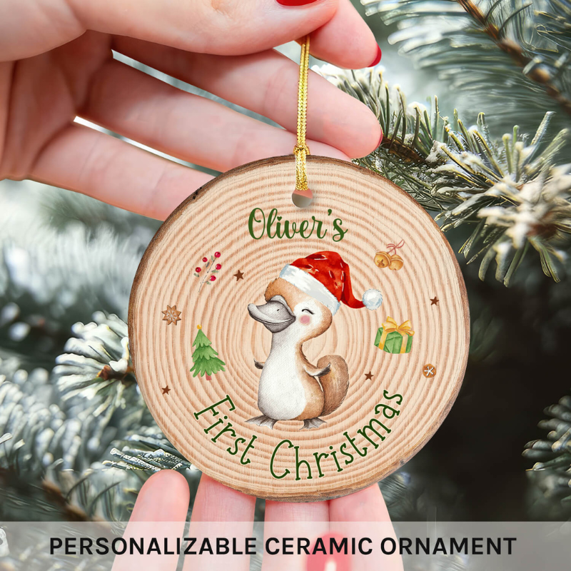 Custom Circle Ceramic Ornament “Platypus Baby's First Christmas”
