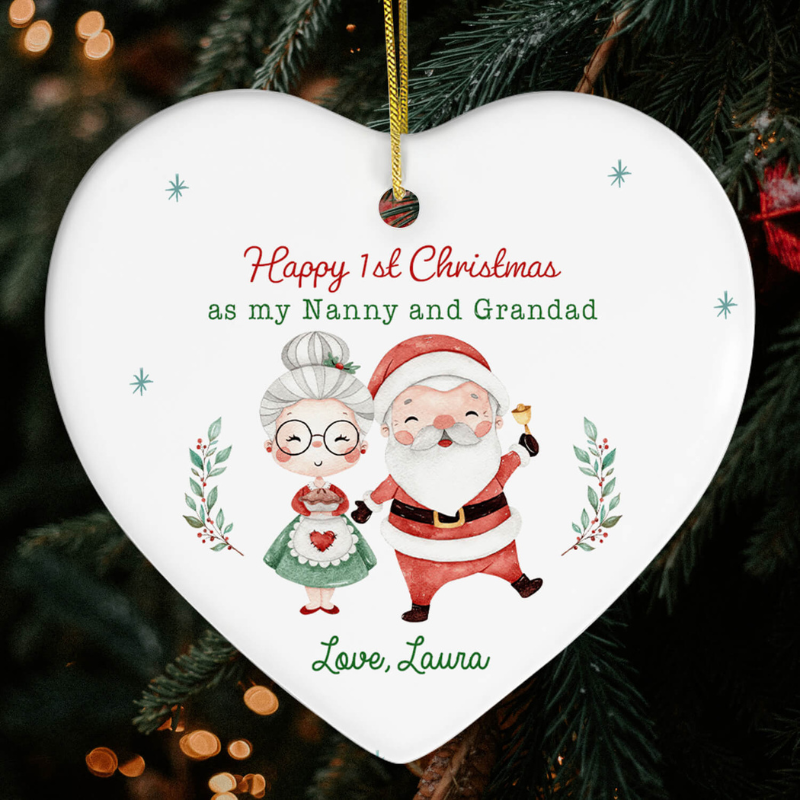 Custom Heart Ceramic Ornament “1st Christmas As My Nanny And Grandad”