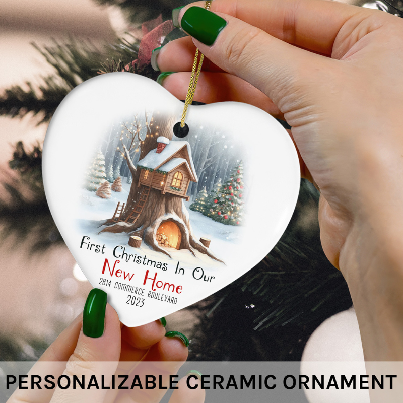 Custom Heart Ceramic Ornament "First Christmas In Our New Home"