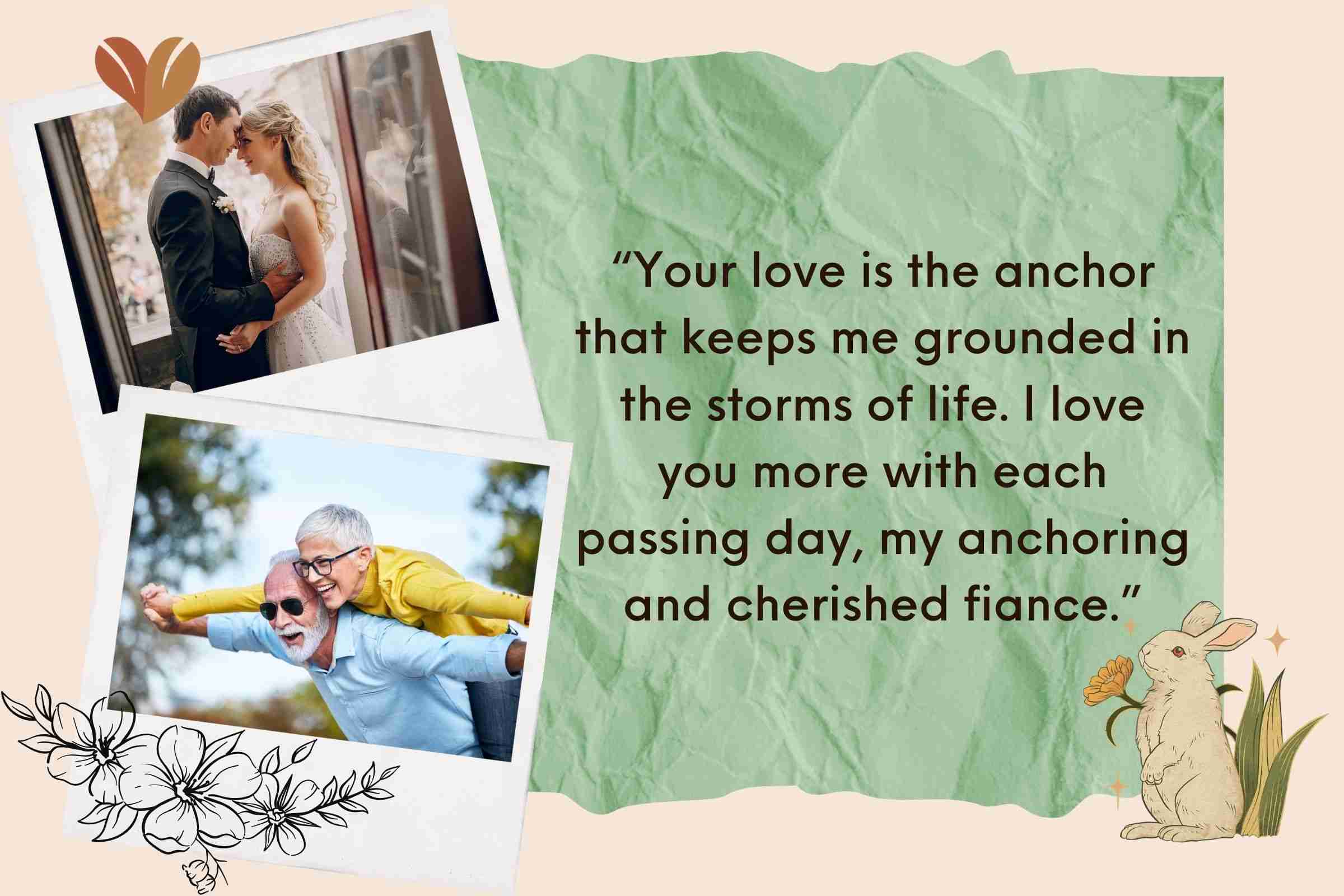 “Your love is the anchor that keeps me grounded in the storms of life. I love you more with each passing day, my anchoring and cherished fiance.”