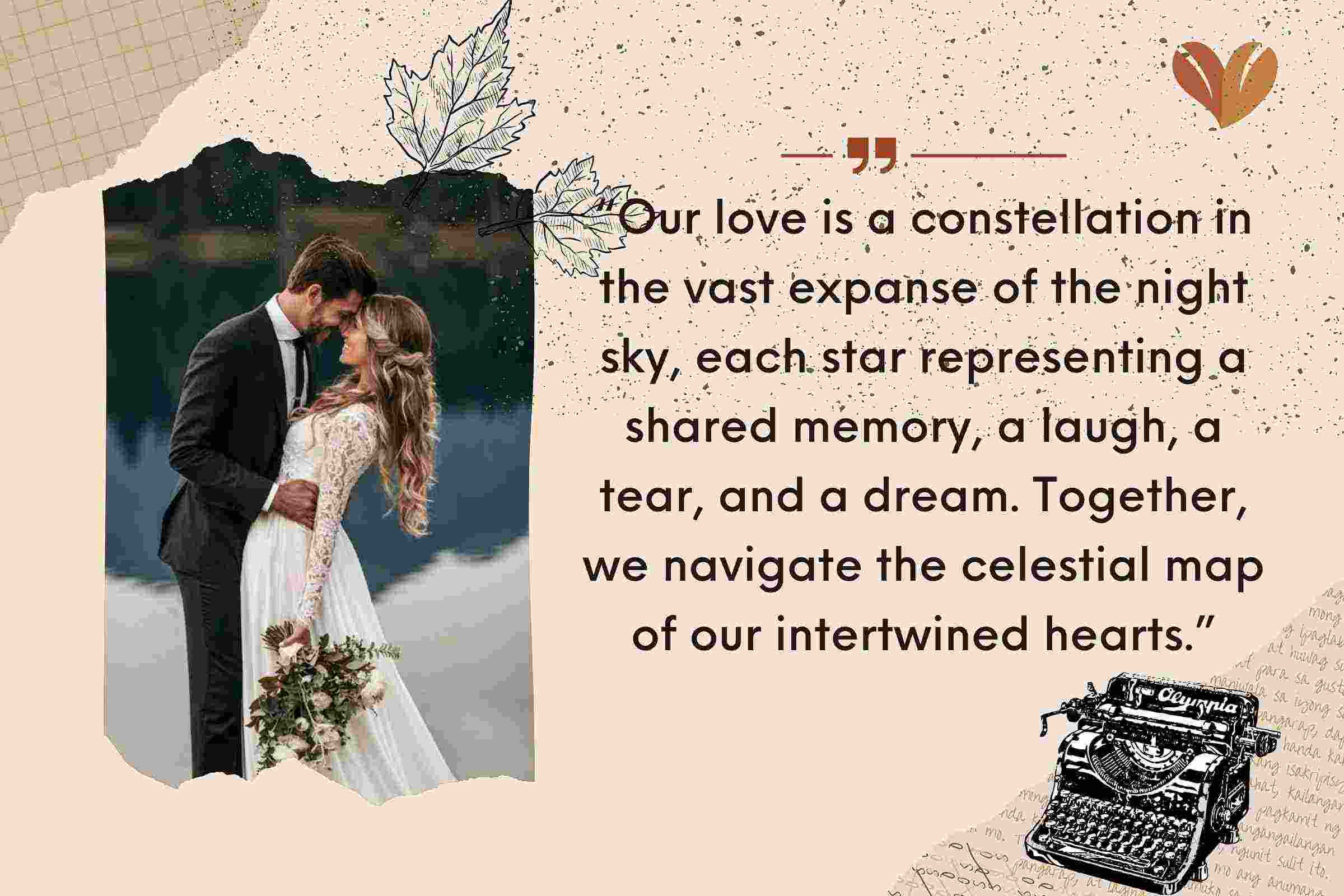 “Our love is a constellation in the vast expanse of the night sky, each star representing a shared memory, a laugh, a tear, and a dream. Together, we navigate the celestial map of our intertwined hearts.”