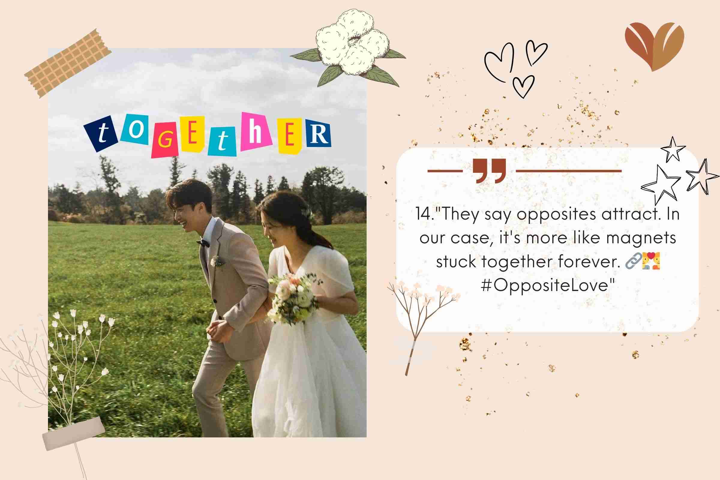 1"They say opposites attract. In our case, it's more like magnets stuck together forever. 🔗💑 #OppositeLove"
